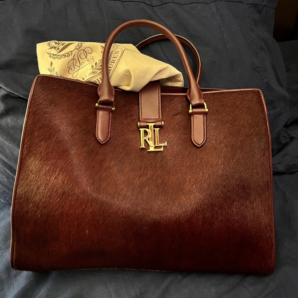 Burgundy Pony Haired Ralph Lauren Tote with strap in excellent condition!!